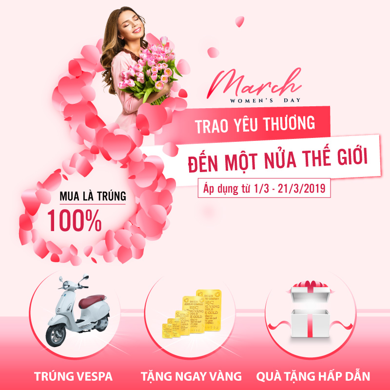 Mừng 8/3 mua hàng trúng vespa, vàng 24K nhận quà bao la